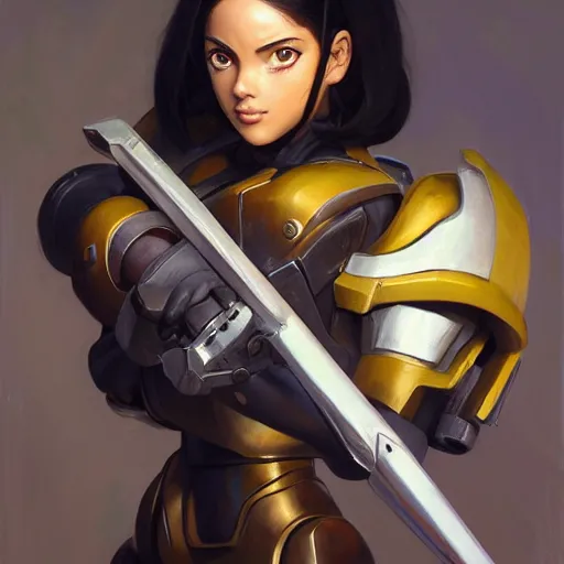 Image similar to greg manchess portrait painting of partially armored battle angel alita as overwatch character, medium shot, asymmetrical, profile picture, organic painting, sunny day, matte painting, bold shapes, hard edges, street art, trending on artstation, by huang guangjian, gil elvgren, ruan jia, greg rutkowski, gaston bussiere