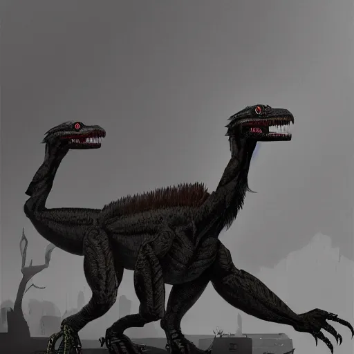 Image similar to a detailed matte painting of a cyborg nazi velociraptor in nazi occupied france, 8 k, artstation, art in a noir crime novel style