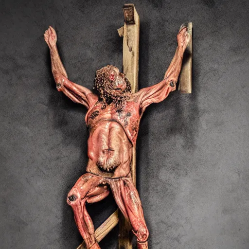 Image similar to a highly detailed realistic photographic render crucified bloody humanoid pig, bloody christ with the head of a pig, dead souls, religious sculpture, creepy, cinematic lighting, cinematic scene, Volumetric lighting, Atmospheric scene, Dark, Horror, Atmospheric lighting, Global illumination, realistic, photo realism, hyper realistic, hyper realism, photo realisitc, cinematic render, film, beautifully lit, ray traced, octane 3D render, octane render, unreal engine