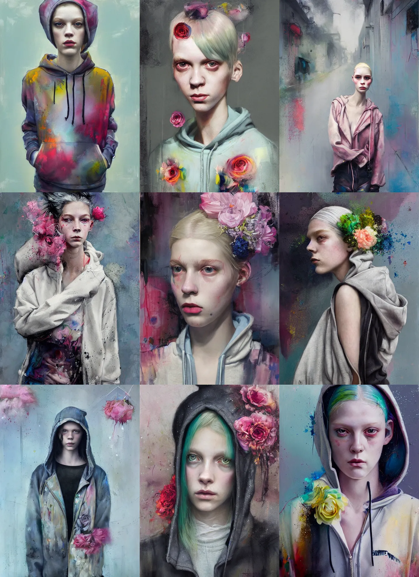 Prompt: painting by martine johanna of 2 5 yo hunter schafer wearing a hoodie standing in a township street in the style of jeremy mann, street clothing, haute couture! fashion!, full figure painting by tom bagshaw, tara mcpherson, david choe, decorative flowers, detailed painterly impasto brushwork, pastel color palette, die antwoord