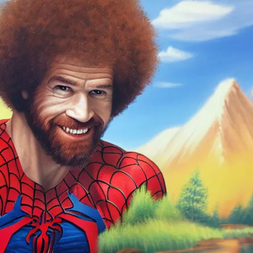 Image similar to a closeup photorealistic photograph of bob ross working on a canvas painting of spiderman. film still. brightly lit scene. mountains and trees. this 4 k hd image is trending on artstation, featured on behance, well - rendered, extra crisp, features intricate detail, epic composition and the style of unreal engine.