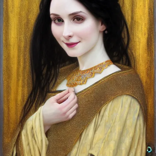 Image similar to Portrait of a beautiful, pale skin, female with long black hair, dark brown eyes, smiling, elegant saudi traditional clothing, photorealistic, highly detailed oil painting, artstation, smooth, sharp focus, art by Klimt, artgerm, Greg Rutkowski and Alphonse Mucha, natural light, Adobe Lightroom, photolab, Affinity Photo, PhotoDirector 365, artstation