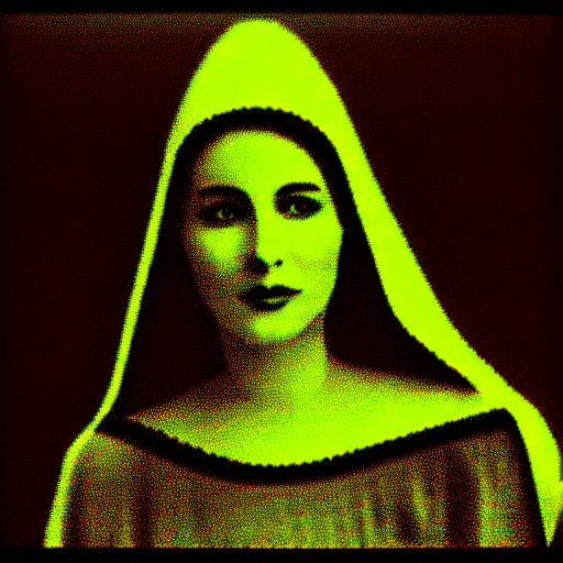 Image similar to vhs static overlay of marian apparition, vhs, 1 9 9 0, highly realistic, highly detailed, vhs noise static, black and white, vhs glitch