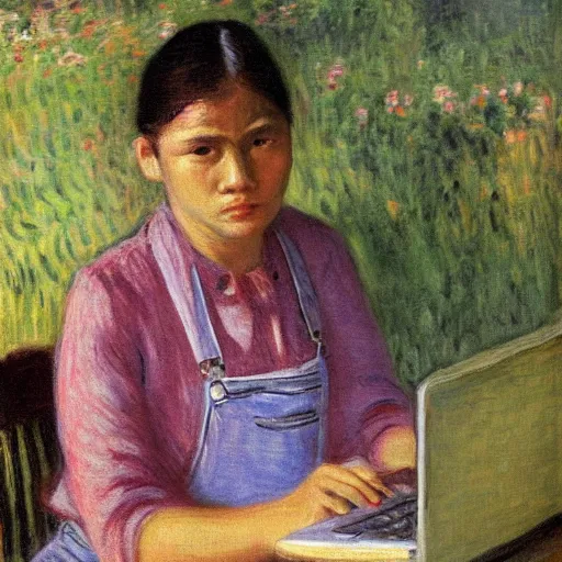 Image similar to philipino young woman with jeans overalls typing on laptop by monet