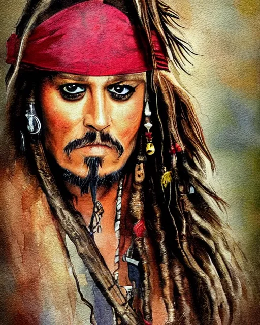 Image similar to portrait of captain jack sparrow, painterly style, matte illustration, watercolour