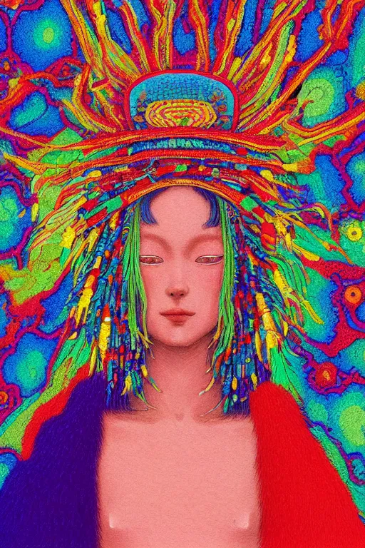 Prompt: a colorful vibrant closeup portrait of a fashion model with a beaded headdress and dreaming psychedelic hallucinations, by kawase hasui, moebius, edward hopper and james gilleard, zdzislaw beksinski, steven outram colorful flat surreal design, hd, 8 k, artstation
