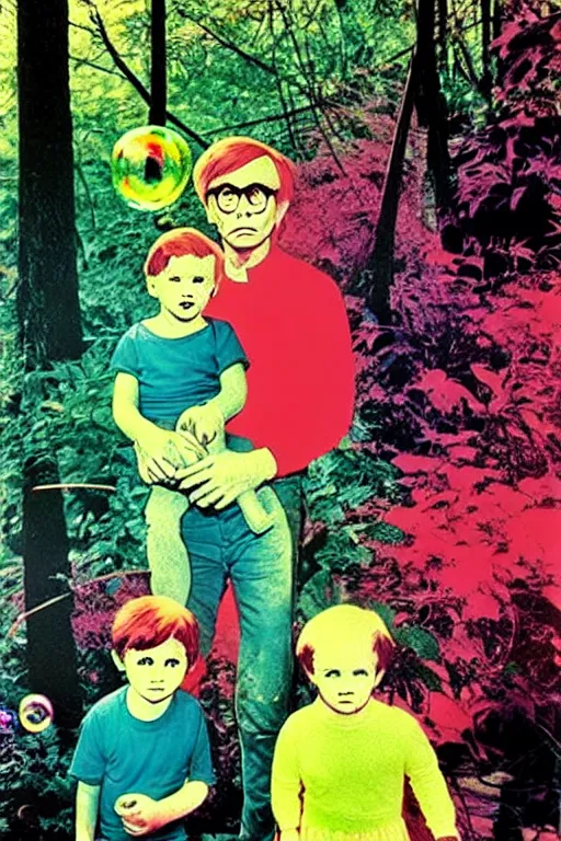 Prompt: ( ( ( ( ( a family in the forest garden with soap bubbles, pop art ) ) ) ) ) by andy warhol and bill sienkiewicz!!!!!!!!!!!!!!!!!!!!!!!!!!!!!!