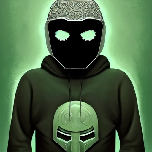 Image similar to portrait of mf doom, gray - metal steel mask, dark green hood, complex background, intricate, elegant, highly detailed, digital painting, artstation, concept art, smooth, sharp focus, illustration, by anato finnstark, boissb - blanca. j, cindy avelino, clint cearley, anna podedworna