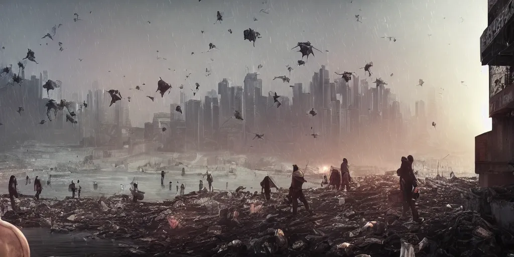 Image similar to climate change migrant crisis outside fortified city walls, hong kong, dystopia, dead animals falling from the sky, by cedric peyravernay, by kilian eng, high detail, digital painting, industrial art style, death stranding art style, cinematic lighting, artstation, cgsociety, unreal engine 5 render, octane render, 3 5 mm film grain