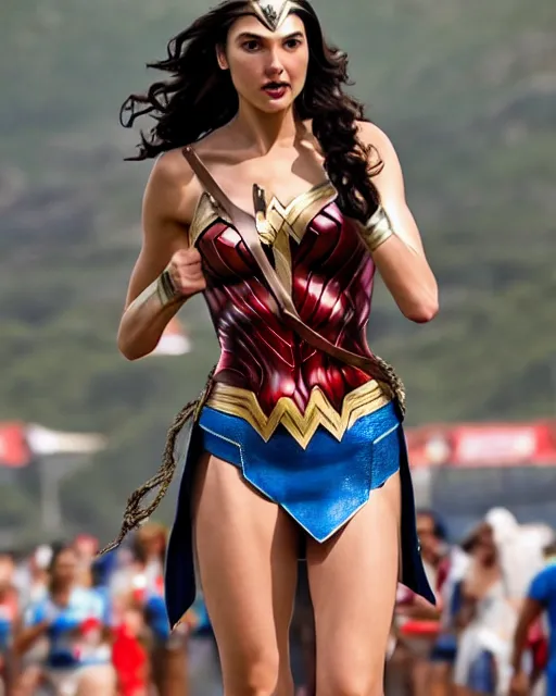 Image similar to gal gadot as wonder woman, at the 2 0 0 - meter starting line, ancient greek olympic trials, mount olympus can be seen off in the distance, sports photography in the style of neil leifer, no dof