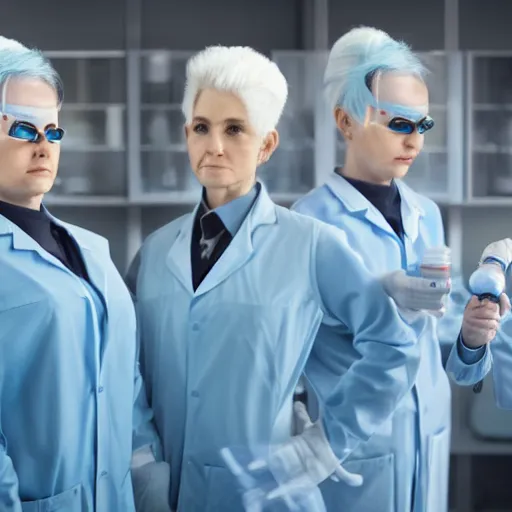 Image similar to line of derpy women with white hair, tight light blue neopren space uniforms, futuristic chemistry lab, sci - fi, highly detailed, cinematic