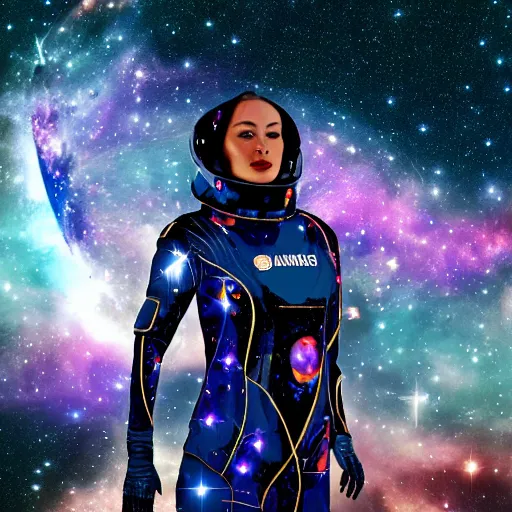 Prompt: a picture of a beautiful woman in a futuristic feminine spacesuit flying through space with galaxies in the back from far away