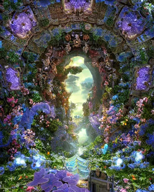 Image similar to portal to paradise, 8 k high definition, very unique, advanced technology, beams of energy, pathway, flowers, machines, insanely detailed, intricate, art by akihiko yoshida, antilous chao, woo kim