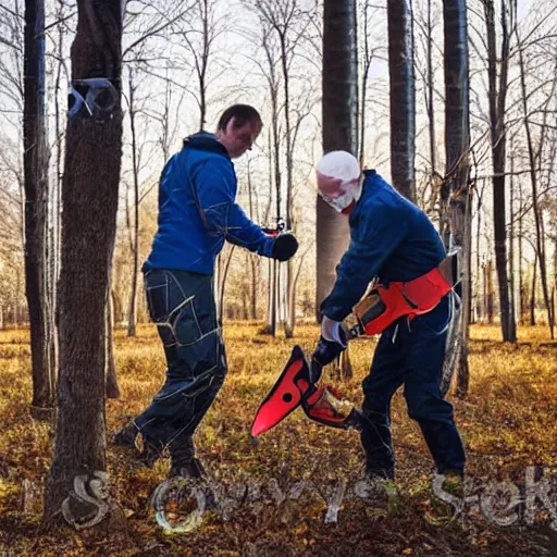 Image similar to reflexologjst approaches patient, wielding a chainsaw, stock photo, creepy grin