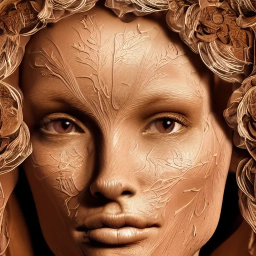 Image similar to beatifull face portrait of a woman, 150 mm, anatomical, flesh, flowers, mandelbrot fractal, facial muscles, veins, arteries, intricate, golden ratio, full frame, microscopic, elegant, highly detailed, ornate, ornament, sculpture, elegant , luxury, beautifully lit, ray trace, unreal, 3d, PBR, in the style of peter Gric , alex grey and Romero Ressendi