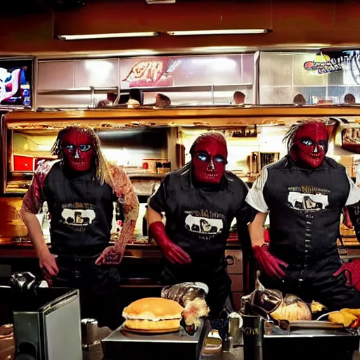 Prompt: a movie screenshot, slipknot band members working in a fast food restaurant, high quality, high detail