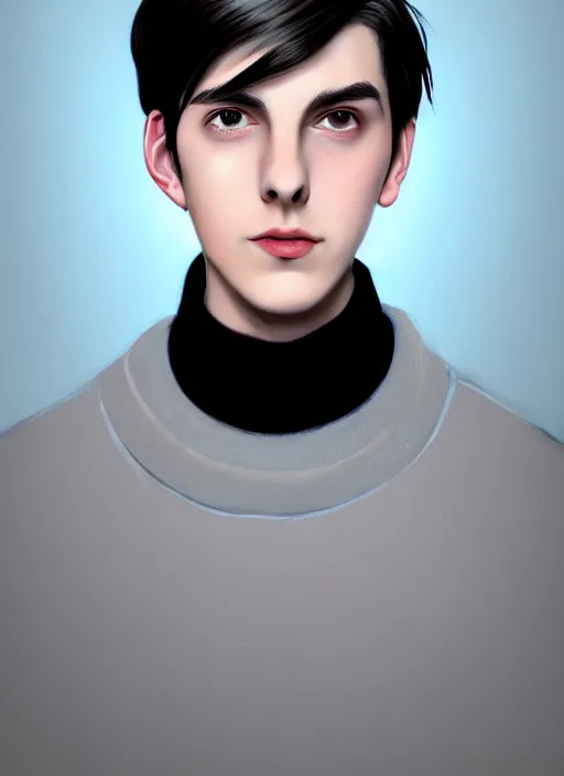 Image similar to portrait of teenage jughead jones wearing a light grey crown, crown, blue turtleneck, 1 9 5 0 s, closed eyes, photorealistic, black hair, glowing lighting, intricate, elegant, glowing lights, highly detailed, digital painting, artstation, concept art, smooth, sharp focus, illustration, art by wlop, mars ravelo and greg rutkowski