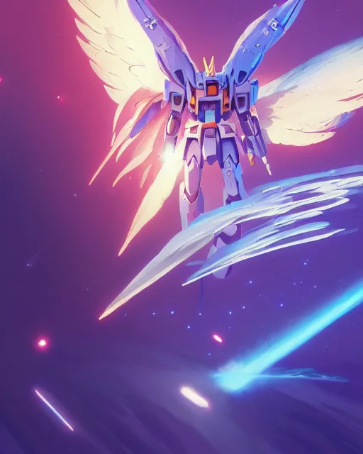 Image similar to highly detailed vfx portrait of an angel wings gundam with wings of feathers beam saber fighting in space with a beam gun, unreal engine, greg rutkowski, loish, rhads, beeple, makoto shinkai and lois van baarle, ilya kuvshinov, rossdraws, tom bagshaw, alphonse mucha, global illumination, detailed and intricate environment