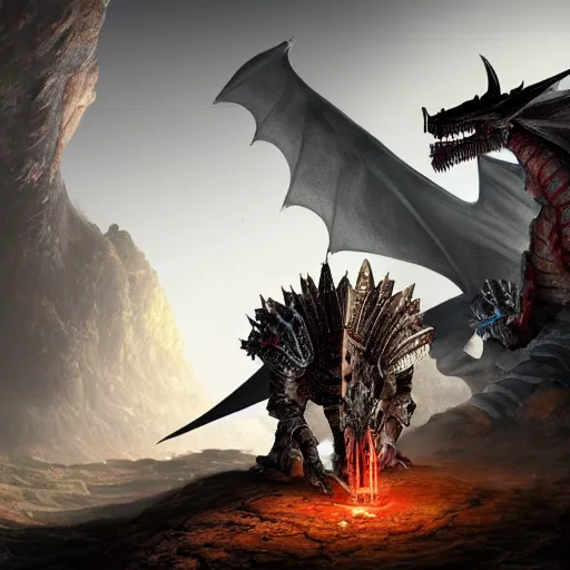 Prompt: photo of an armored knight confronting a large red scaly dragon sleeping on a mountain of human bones in a dark dusty cave with a ray of light shining on it\'s face. The knight is very small in comparison to the dragon. The cave is full with sparkling gemstones and gold. Very detailed 8k. fantasy