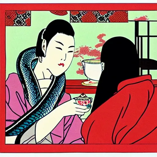 Image similar to Japanese beauty wrapped in a snake having tea with her husband by Toshio Saeki, high detailed