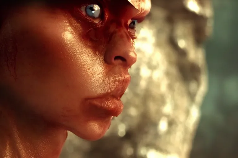 Prompt: VFX movie of a futuristic alien warrior closeup portrait in war zone, beautiful natural skin natural lighting by Emmanuel Lubezki