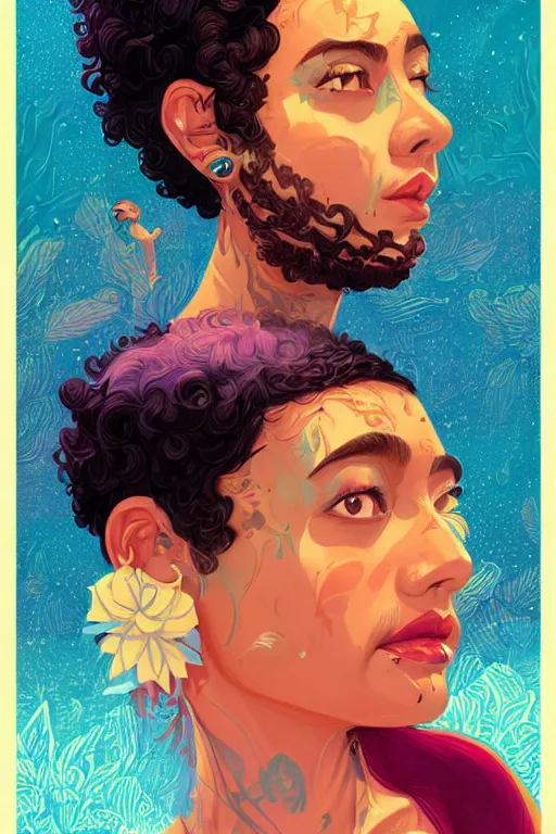 Image similar to hispanic girl short curly hair, and a shortbeard mixed race man, tristan eaton, victo ngai, artgerm, rhads, ross draws