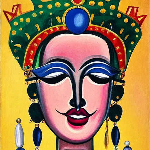 Image similar to a painting of a face with a crown on top of it, an art deco painting by david burliuk, behance, qajar art, art deco, cubism, grotesque