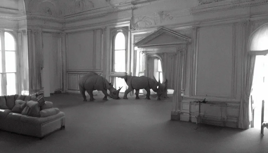 Prompt: a rhinoceros in a neoclassical room, by mini dv camera, very very low quality, heavy grain, very blurry, accidental flash, caught on trail cam