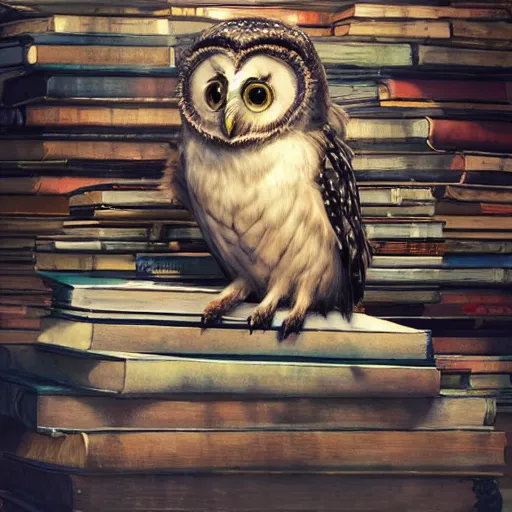 Image similar to long shot of a very cute young owl sitting on a pile of antique books, by esao andrews, by james jean, marc simonetti, humorous illustration, hyperrealistic, big depth of field, fresh colors, dim light, 3 d octane render conceptart, 4 k, hyperdetailed, trending on artstation