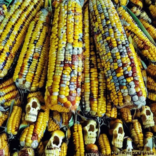 Prompt: corn lich looking down on its army of corn skeletons