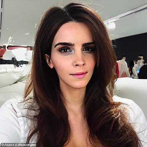 Image similar to a woman who is a genetic combination of kim kardashian and emma watson face and upper - body focus