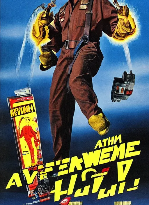 Prompt: an 8 0's action movie poster starring eddie murphy as a plumber to rich people. he's in a large bathroom. overalls. exploding toliet. tool belt. in the art style of john alvin. the movie is titled beverly hills crap