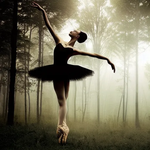 Image similar to an intricate ballerina in the middle of the forest, landscape, moody, fog, cinematic