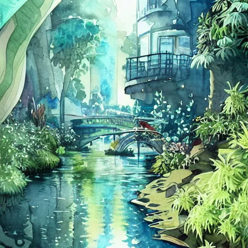 Image similar to Beautiful happy picturesque charming sci-fi city in harmony with nature. Beautiful light. Water and plants. Nice colour scheme, soft warm colour. Beautiful detailed watercolor by Lurid. (2022)