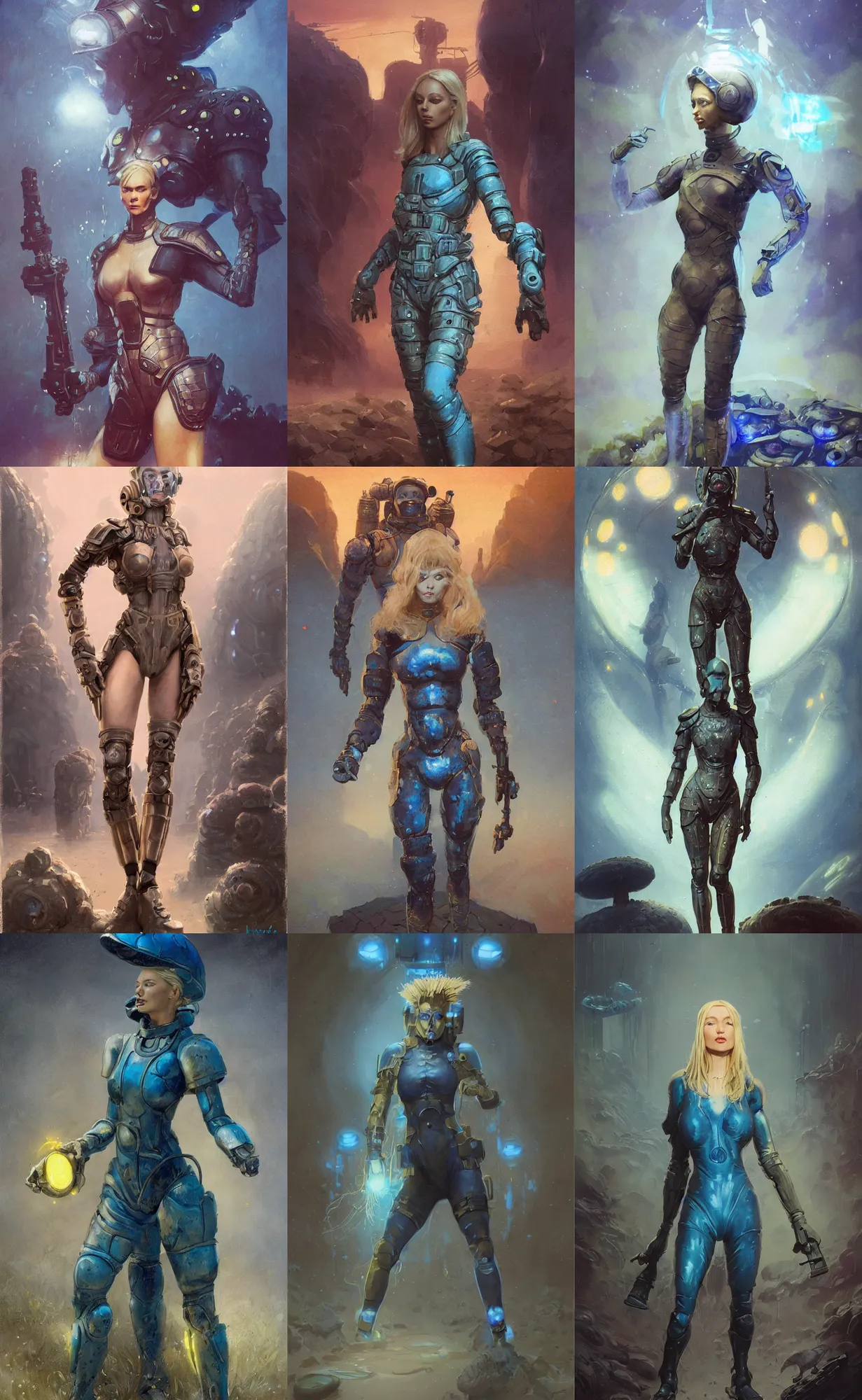 Prompt: A mixed media portrait painting of a beautiful blonde woman, soldier, futuristic sci-fi armored swimsuit and boots, glowing blue mushrooms in mire, detailed Aesthetic! face and eyes, slavic, by Beeple, Frank Frazetta, Greg Rutkowski, Christian MacNevin, Boris Vallejo, epic fantasy character art, high fantasy, CGsociety, 60's Sci-fi Pinup, exquisite detail, post-processing, masterpiece, cinematic, crysis