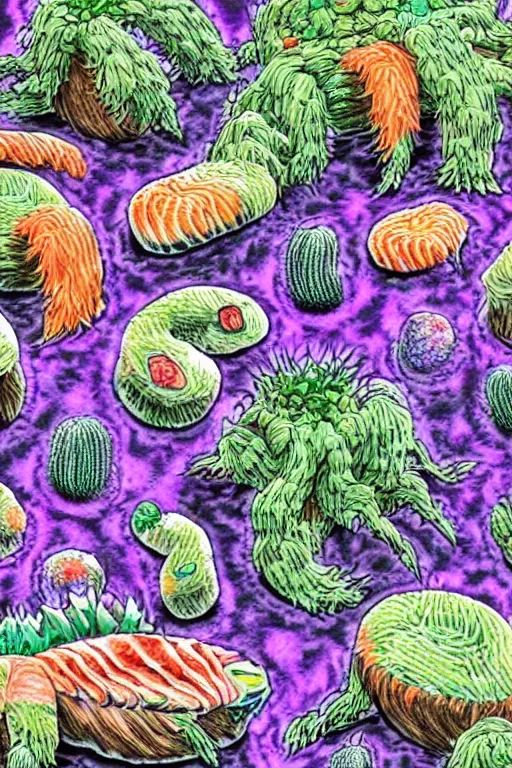 Image similar to creature sushi roots cactus elemental flush of force nature micro world fluo light deepdream