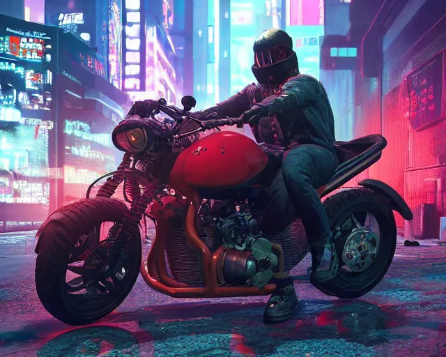 Prompt: concept art of a cyberpunk motobike, gta 5, akira cyberart in the style of liam wong in the film akira rendered in octane, 3 d render, trending on cgsociety, blender 3 d 8 k, 3. 2 secs at f / 6. 3, iso 1 0 0, 1 2 - 2 4 mm f / 4 at 1 2 mm