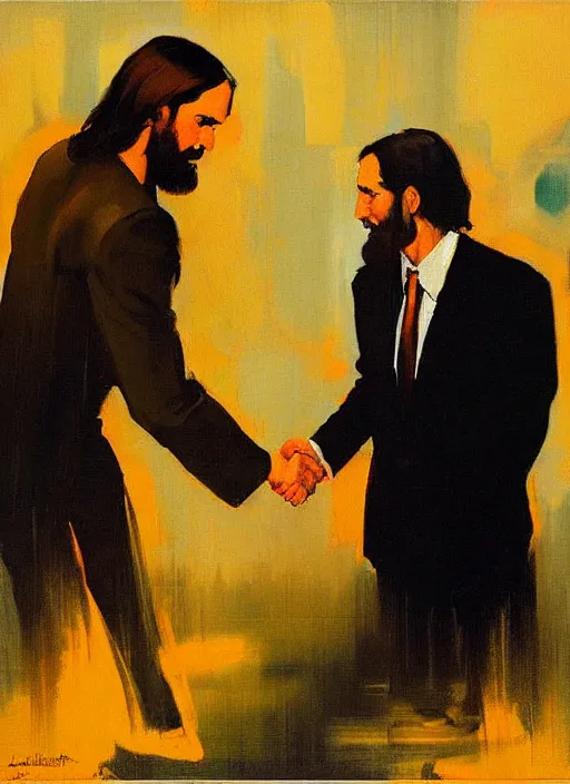 Image similar to 'jesus shaking hands with business man by phil hale, 'action lines'!!!, graphic style, visible brushstrokes, motion blur, blurry