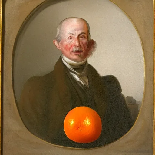 Prompt: presidential painting of an orange fruit, DIRECTLY below the orange fruit is the headless body of a president, attached to the fruit