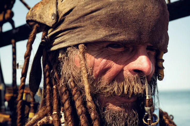 Image similar to closeup old pirate on an old pirate ship, by emmanuel lubezki