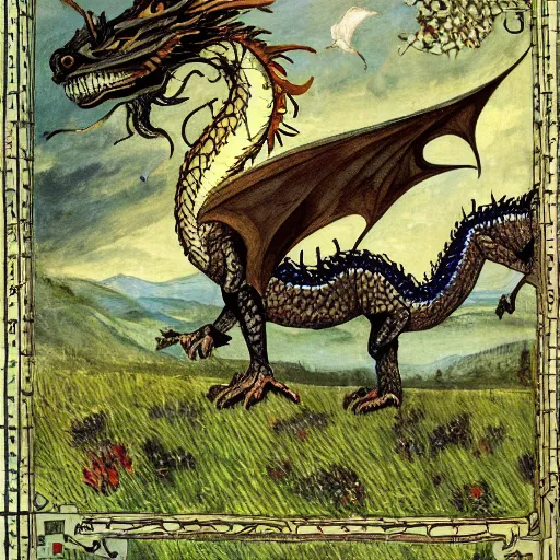 Prompt: Dragon in English meadow, by Viktor Vasnetsov , illustration