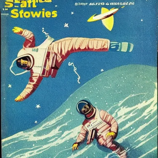 Image similar to astronaut surfing in space, stars as waves, Vintage Magazine Illustration