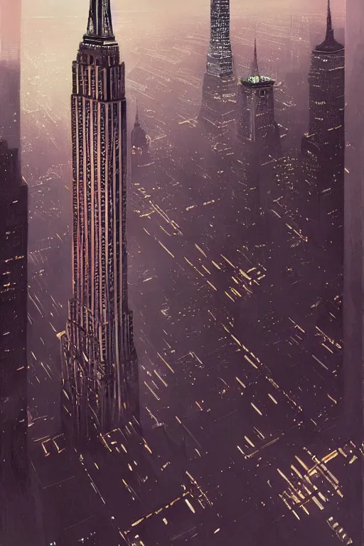 Prompt: the Empire State Building being visited by a large UFO, an epic painting, glinting metal, volumetric lighting, intricate, elegant, highly detailed, digital painting, artstation, concept art, smooth, sharp focus, art by Maciej Kuciara