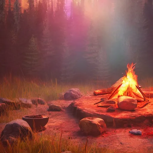 Image similar to a campfire in a surreal world, 8k resolution concept art hyperdetailed trending on Artstation Unreal Engine ominous photorealistic sunshine rays colourful beautiful bokeh ambient occlusion, dynamic lighting, stunning visuals, creative, concept art, trending on art station, ultra detailed