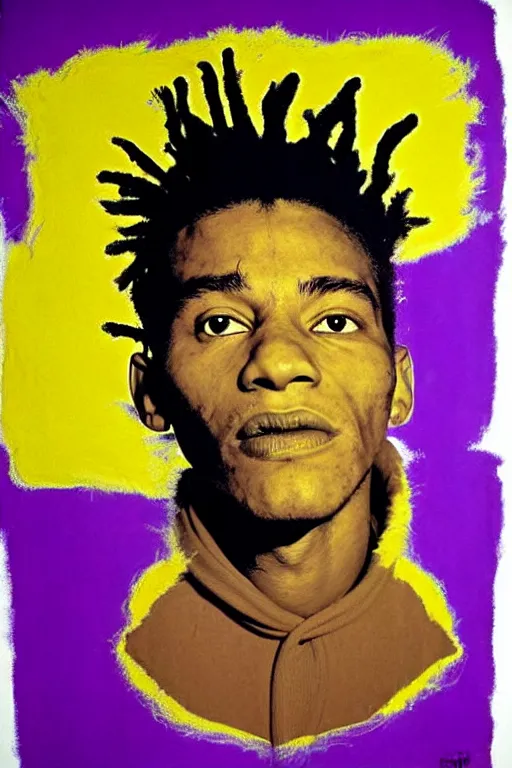 Prompt: a checkered fluffy robe over a purple clothed king, brown skin, painting by jean michel basquiat, andy warhol,