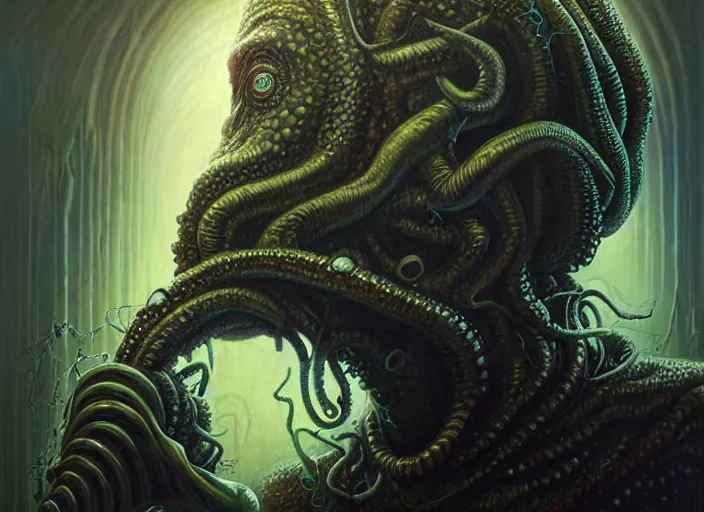 Image similar to lovecraft biopunk portrait of rowan sebastian atkinson, fractal background, anthropomorphic cthulhu behind him, by tomasz alen kopera and peter mohrbacher