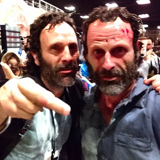 Image similar to selfie shot by a walking dead zombie with rick grimes at comic con