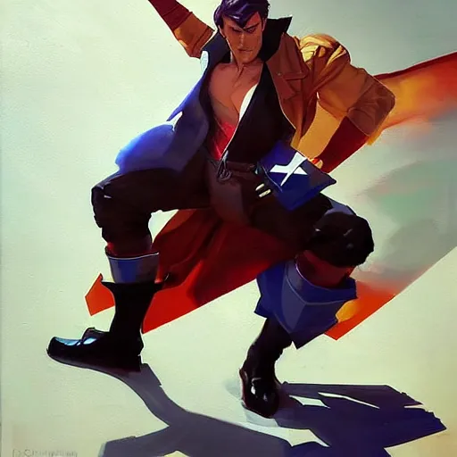 Image similar to Greg Manchess portrait painting of Gambit as Overwatch character, medium shot, asymmetrical, profile picture, Organic Painting, sunny day, Matte Painting, bold shapes, hard edges, street art, trending on artstation, by Huang Guangjian and Gil Elvgren and Sachin Teng