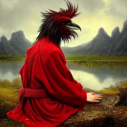 Prompt: Harpy, red feathered wings, wearing a robe, sad expression, sitting at a pond, mountainous area, trees in the background, oil painting, by Greg Rutkowski