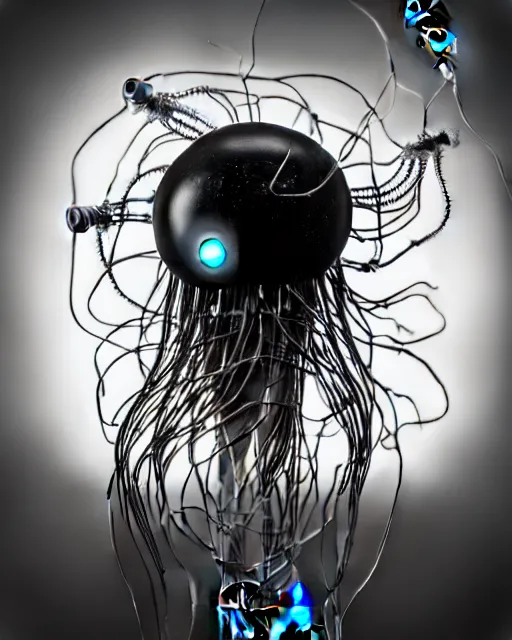 Prompt: black and white cyborg-jellyfish goddess high quality photo, microchip, artificial intelligence, bio-mechanical bio-luminescence, black wired cables, neurons, nerve cells, octane render, cinematic, rim light, hyper realism, photo-realistic, high detail, 8k, masterpiece, high fashion, in the style of Steven Meisel and Dora Maar and H.G. Giger